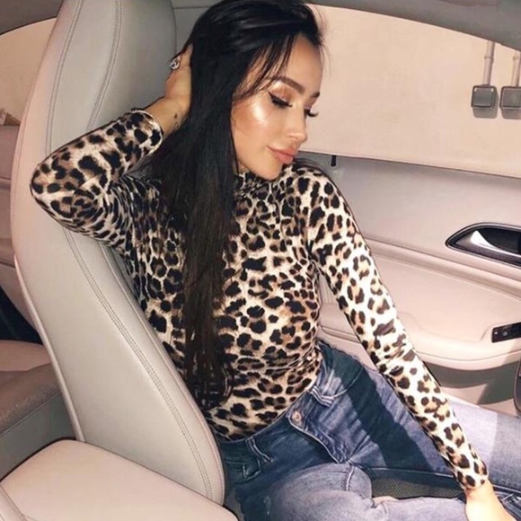 Black Tan Leopard bodysuit long sleeve mock neck size small New NWT - Picture 3 of 14